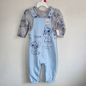 Disney Stitch Light Blue Cotton Overalls 6-12 M NEW